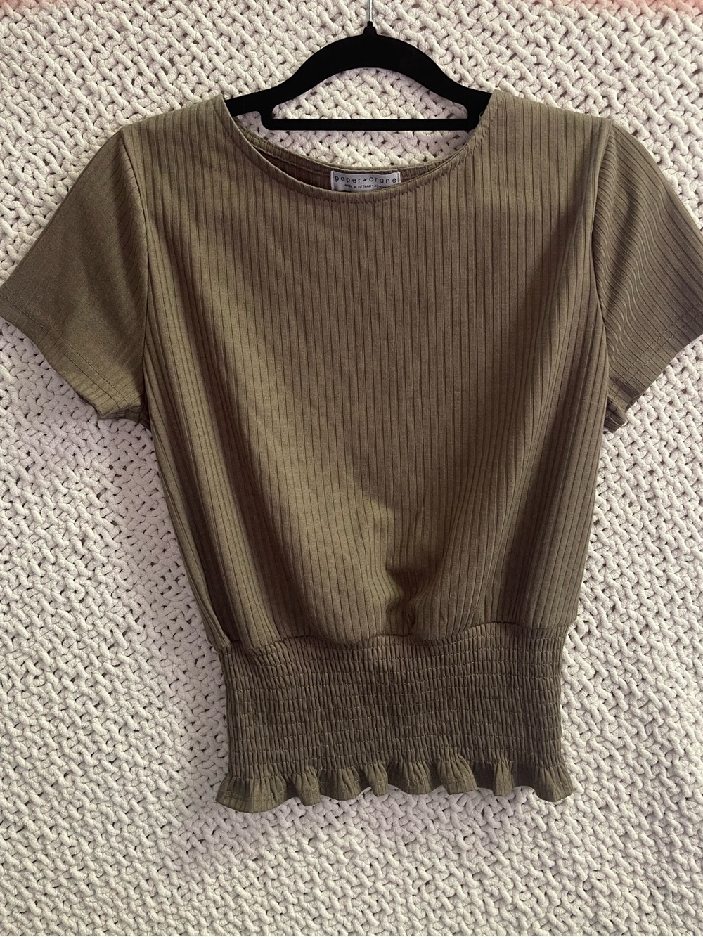 Paper Crane Olive Ribbed Smocked Waist Crop Top